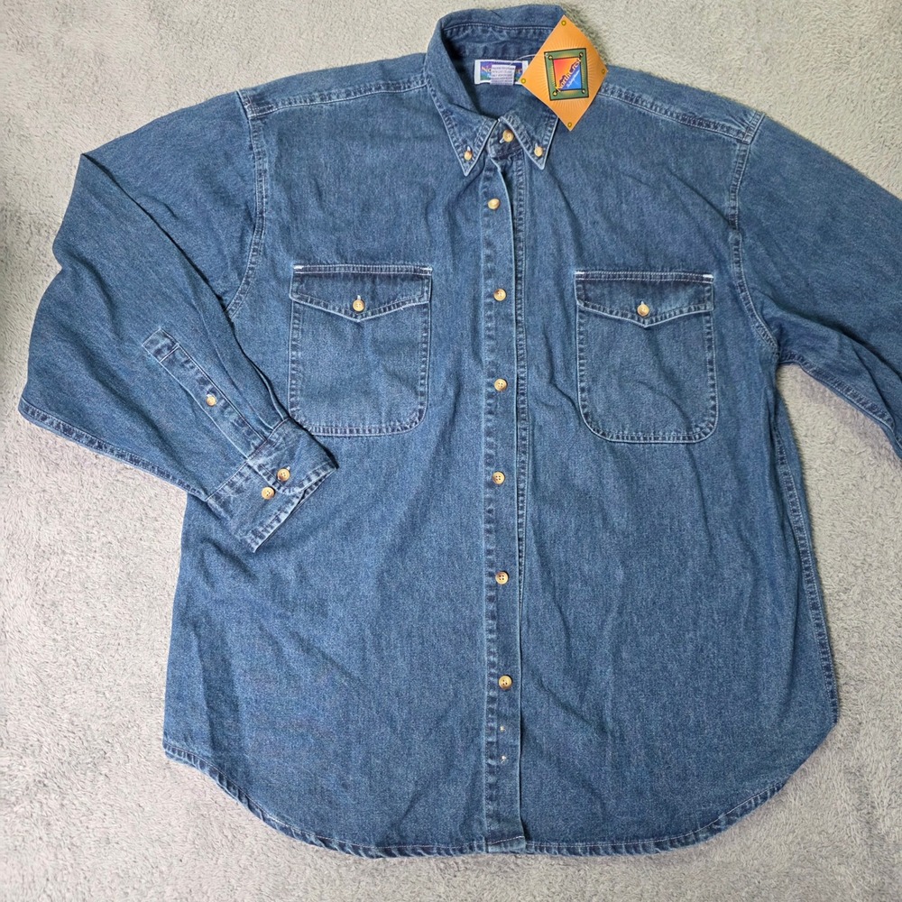 NorthCrest Mens L Denim Shirt Dark Stonewash Button Down Long Sleeve Workwear